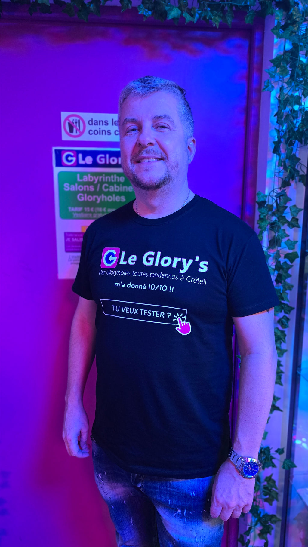 T-shirt du Glory's, "TU VEUX TESTER", bleu ou noir et à manches courtes