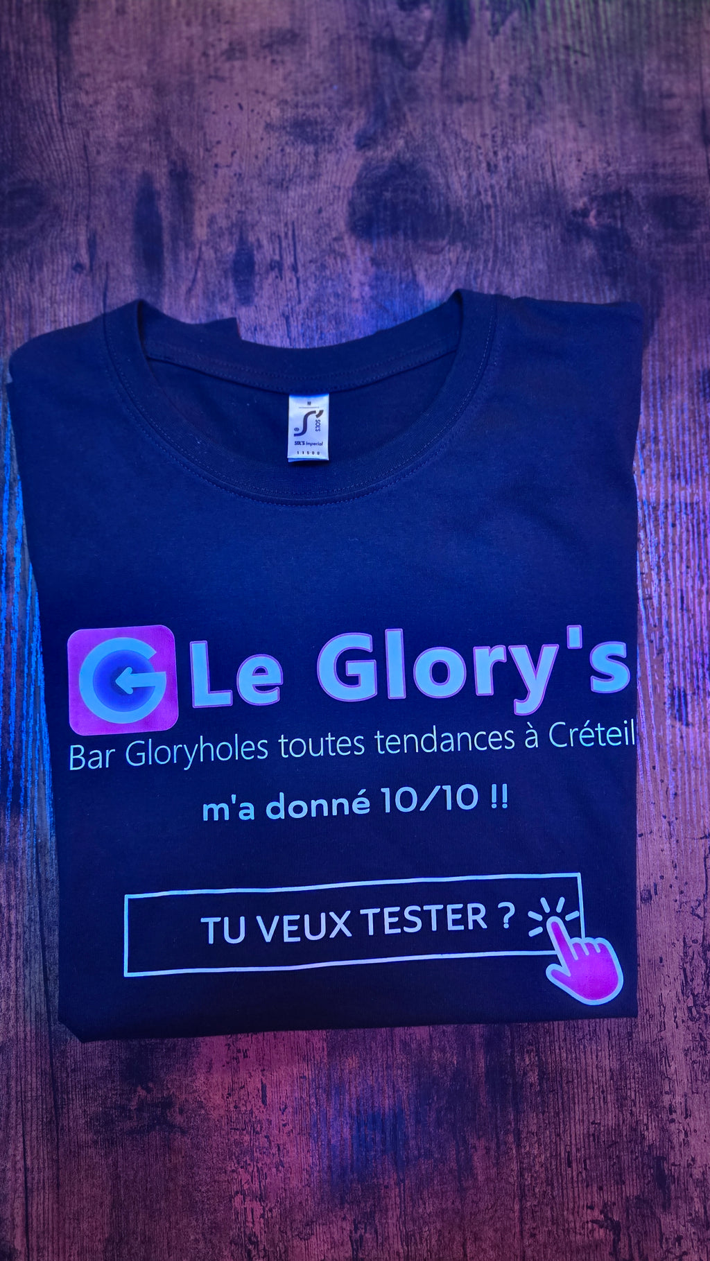 T-shirt du Glory's, "TU VEUX TESTER", bleu ou noir et à manches courtes