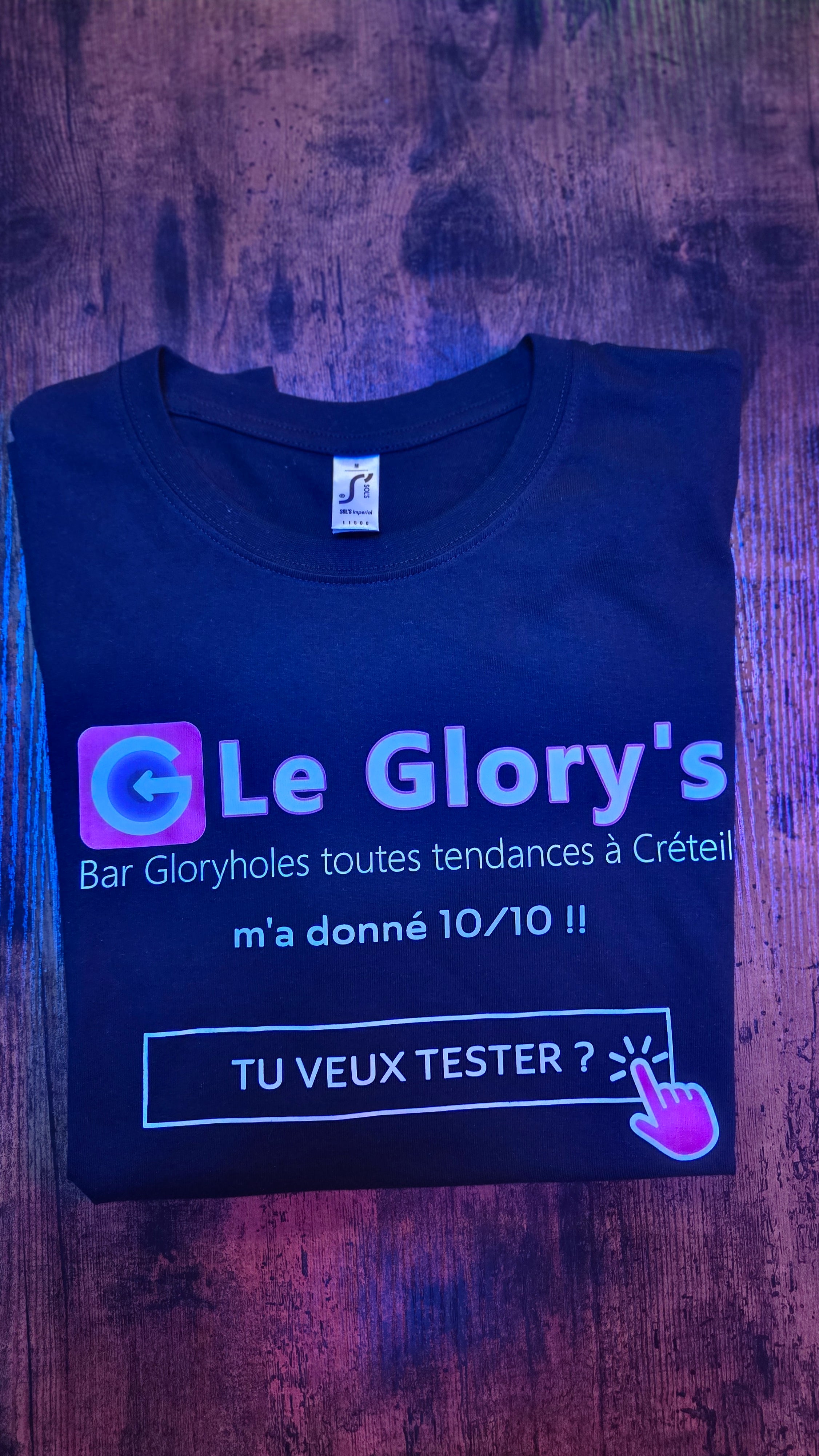T-shirt du Glory's, "TU VEUX TESTER", bleu ou noir et à manches courtes
