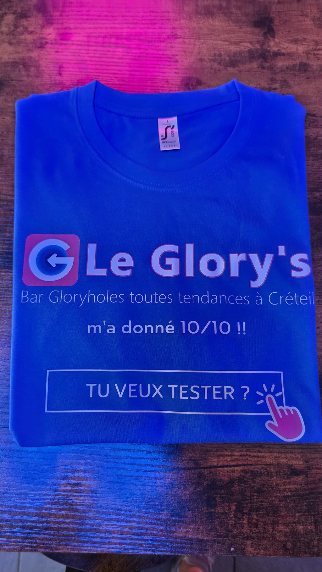 T-shirt du Glory's, "TU VEUX TESTER", bleu ou noir et à manches courtes